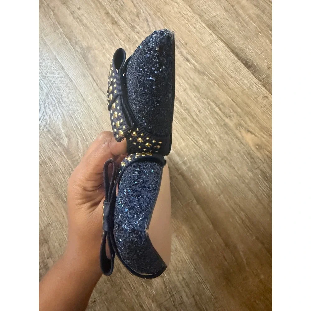 J.Crew Navy Blue Glitter Slingback Flats Studded Bow Pointed Toe Size 12